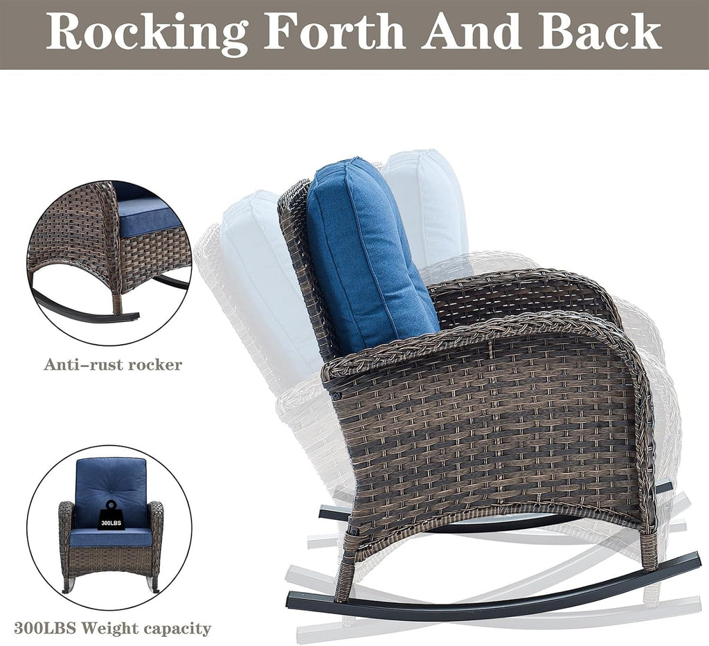 Belord 5 Piece Outdoor Conversation Patio Furniture Set - All-Weather Wicker Patio Rocking Chairs with Loveseat Glider Chair and Coffee Table for Patio Deck Porch Backyard Blue Cushion