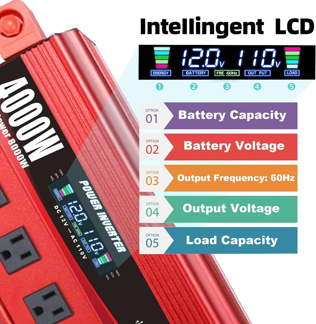 Cantonape 4000W Power Inverter 12V to 110V/120V DC to AC with LCD Display, Remote Controller 5 x AC Outlets and 4 x 3.1A USB Car Adapter for Car Truck Boat RV Solar System