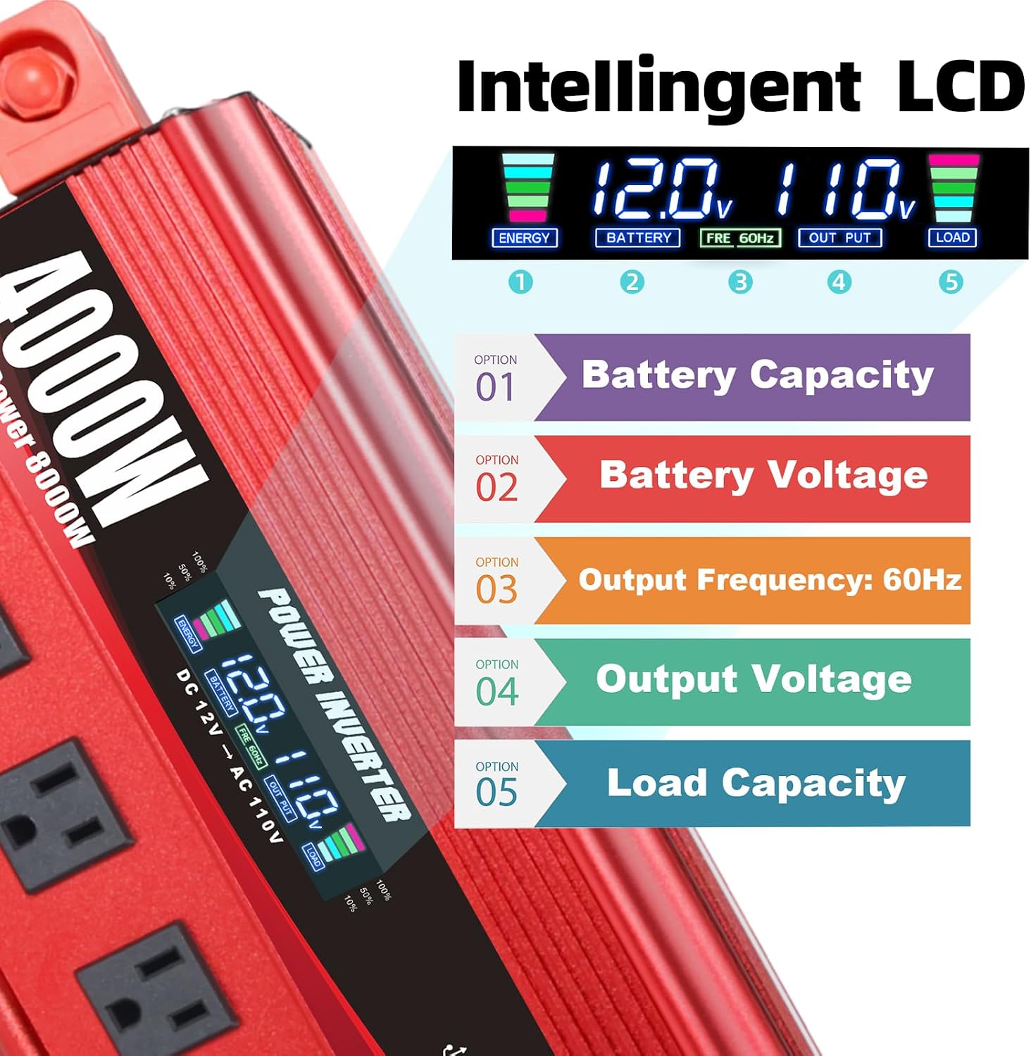 Cantonape 4000W Power Inverter 12V to 110V/120V DC to AC with LCD Display, Remote Controller 5 x AC Outlets and 4 x 3.1A USB Car Adapter for Car Truck Boat RV Solar System