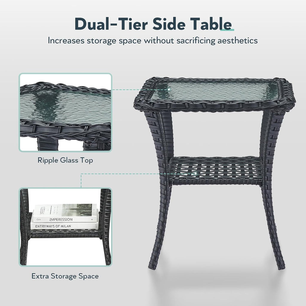 Outdoor Swivel Glider Rocker Chairs Set- 5 Piece Patio Furniture Set, Patio Bistro Sets with Tempered Glass Side Table and 2 Ottoman, for Balcony, Porch - Black Wicker Beige Cushion