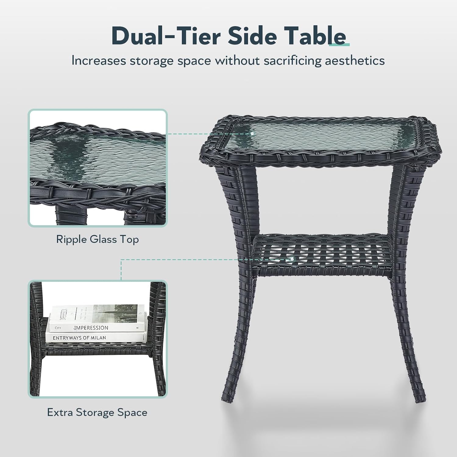5 Piece Patio Furniture Set - Wicker Patio Conversation Set with Swivel Glider, Glider Loveseat, Tempered Glass Side Table and Coffee Table for Deck Backyard - Black Wicker Beige Cushion