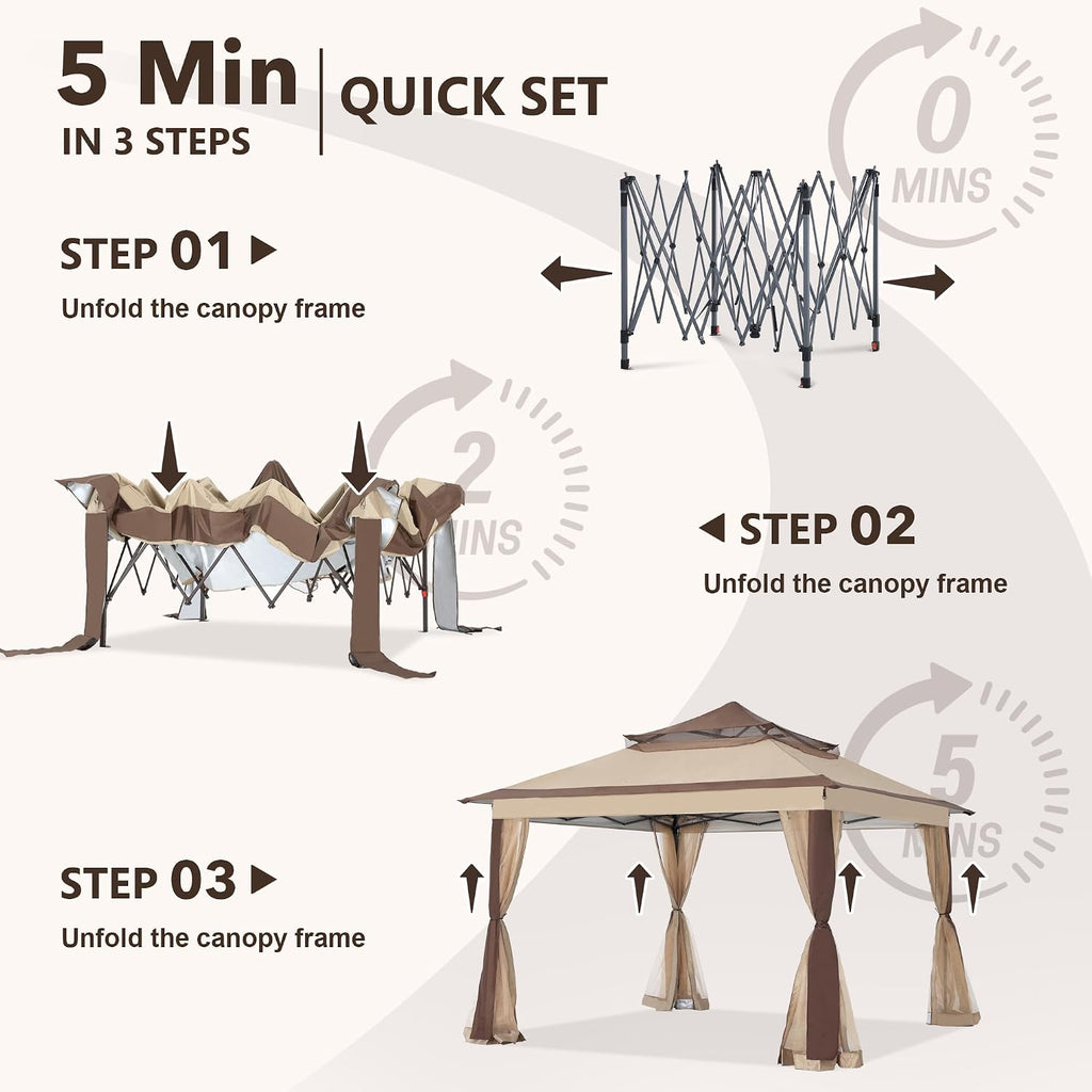 COOSHADE 11x11 Pop Up Gazebo Tent Outdoor Canopy Patio Shelter with Mosquito Netting(Beige)