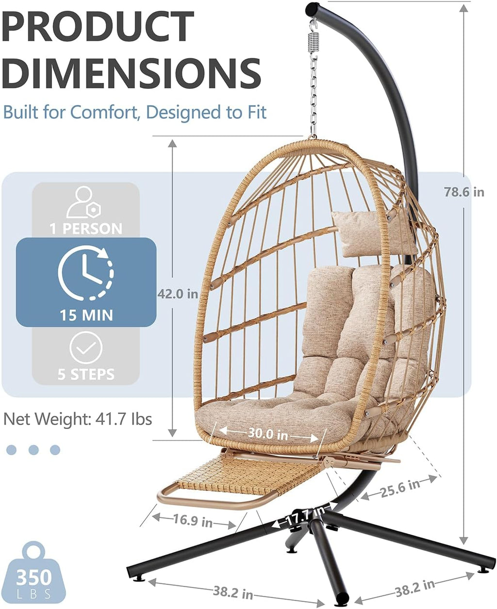 SWITTE Egg Chair Outdoor with Footrest & Stand, Indoor Wicker Hanging Egg Swing Hammock Chair with Cushion for Patio, Bedroom, Garden - Natural