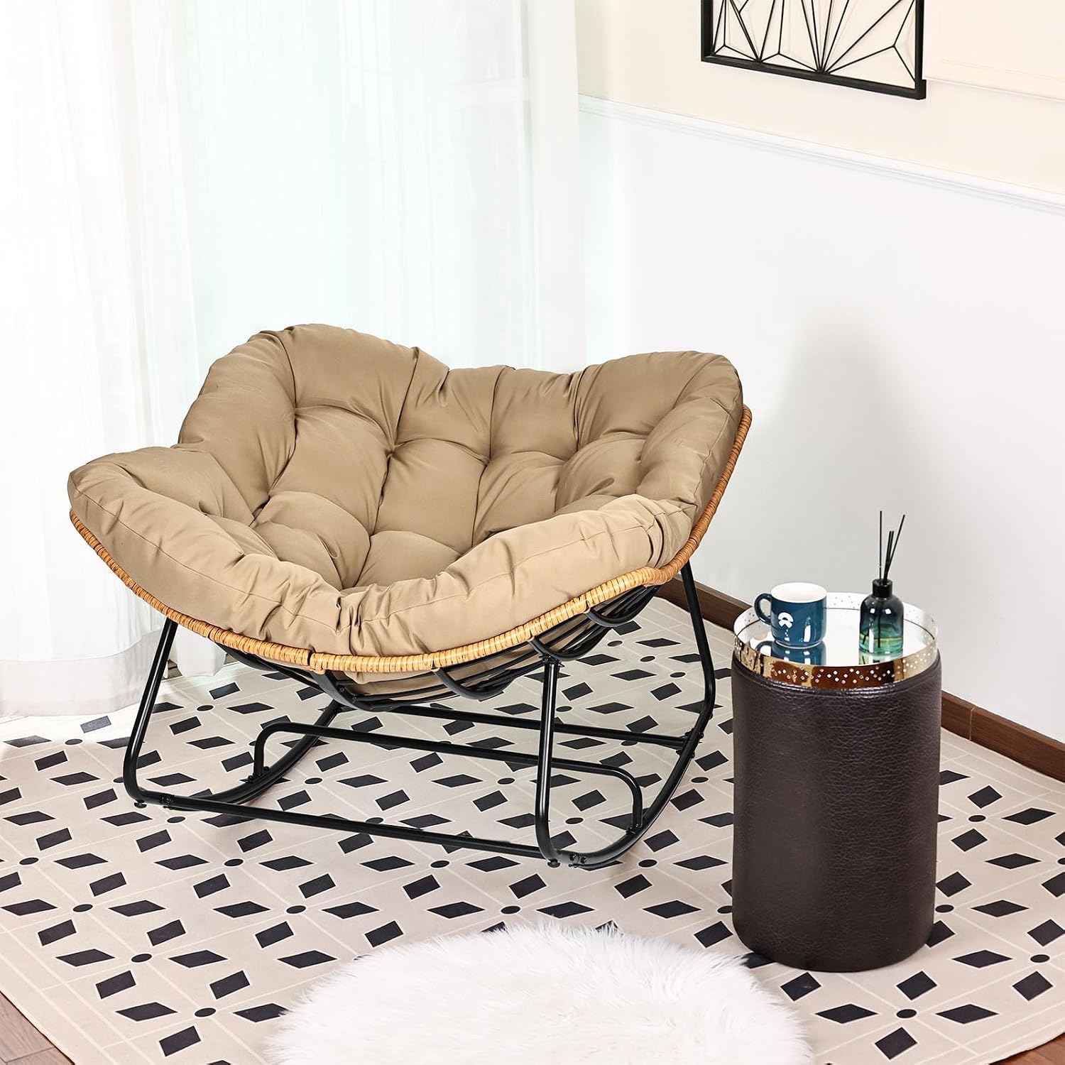 Outdoor Egg Rocking Chair, Indoor Papasan Rocking Chair with Thick Cushion, Modern Lounge Rocker for Balcony, Living Room, Bedroom, Porch, Lawn, Garden (Yellow)