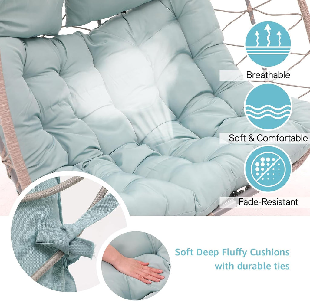 Patiorama 2 Person Double Egg Swing Chair with Stand Indoor Outdoor, Patio Wicker Rattan Hanging Egg Chair w/Cushion, Pillow, Foldable Hammock Chair 550lbs for Bedroom, Balcony, Garden (Light Blue)