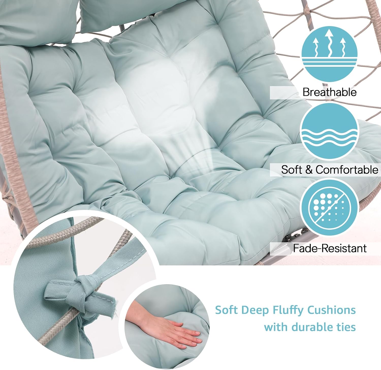 Patiorama 2 Person Double Egg Swing Chair with Stand Indoor Outdoor, Patio Wicker Rattan Hanging Egg Chair w/Cushion, Pillow, Foldable Hammock Chair 550lbs for Bedroom, Balcony, Garden (Light Blue)