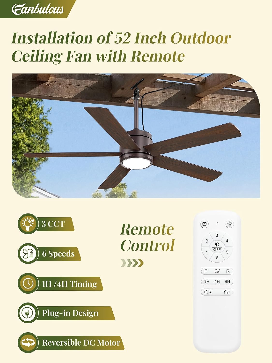 52 In Outdoor Ceiling Fan Hanging Fan Outdoor Ceiling Fans, Waterproof, with Light, Remote, 52 In, Wet Rated, IP65, 6 Speed, 3CCT, Plug in, for Patios, Porch, Gazebo, Oil-Bronze