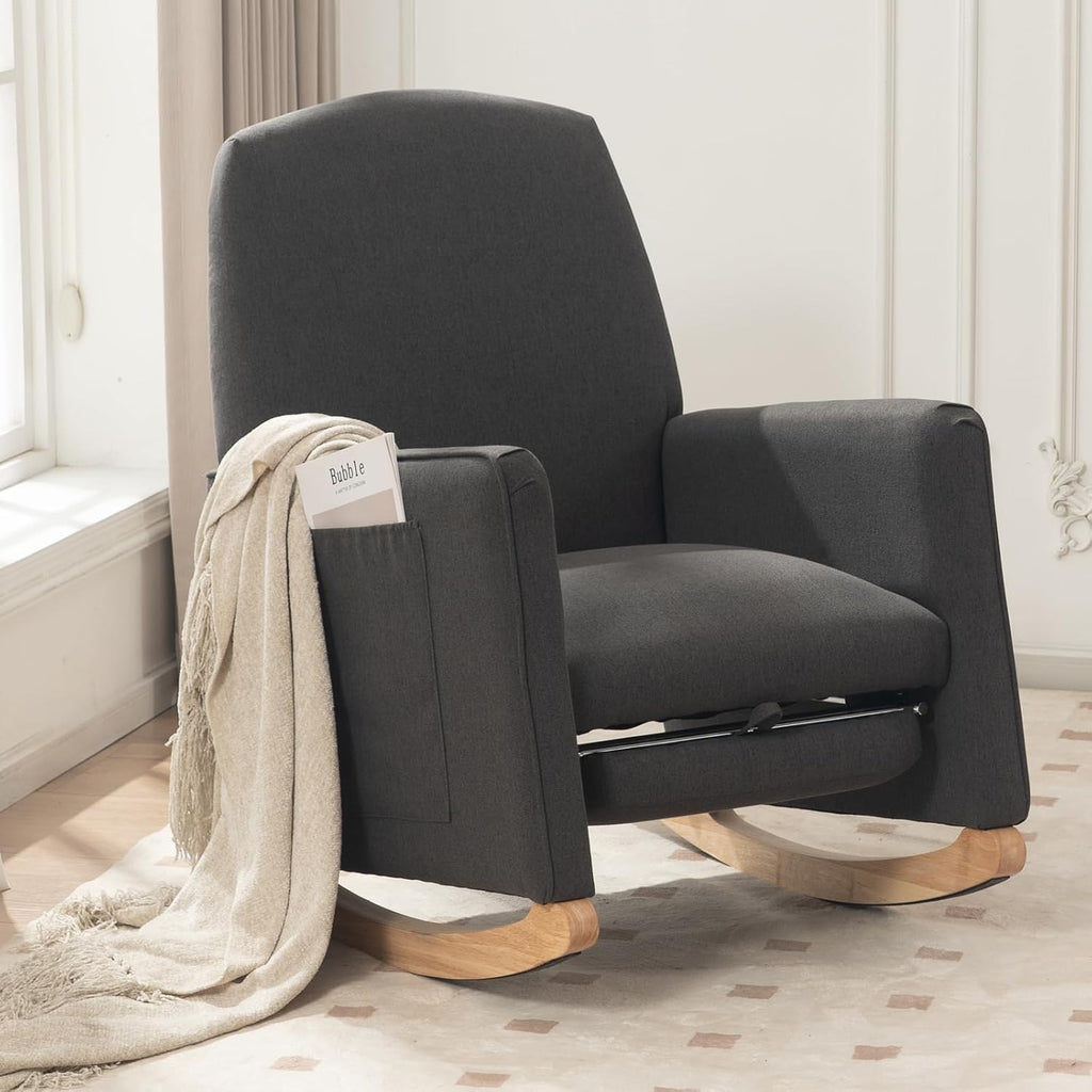 FOXHUNTER Rocking Chair Nursery with Adjustable Footrest and High Backrest, Upholstered Glider Chairs with Side Pockets for Nursery, Rocker Armchair Indoor for Living Room, Dark Gray
