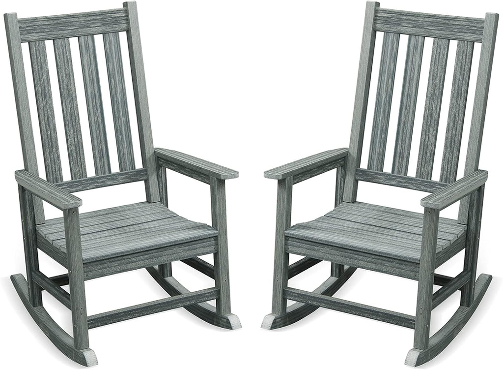Outdoor Rocking Chair Set of 2, HDPE Oversized Patio Rocking Chairs, Weather Resistant, 350lbs Heavy Duty Porch Rocker with High Back for Backyard, Fire Pit, Garden and Indoor (Grey)