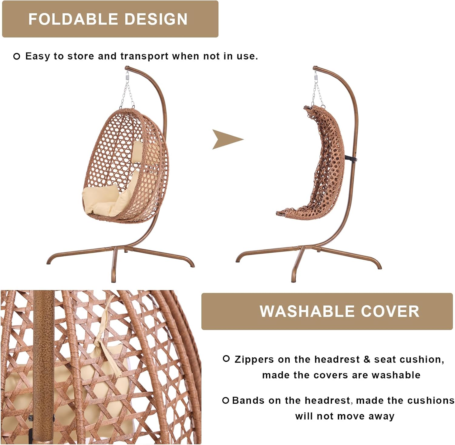Indoor Hanging Chair with Stand for Bedroom, Patio Rattan Wicker Swing Egg Chair for Porch Garden Outdoor, Hammock Egg Swing Chair with UV Resistant Cushion, 350LBS Capacity (Beige)