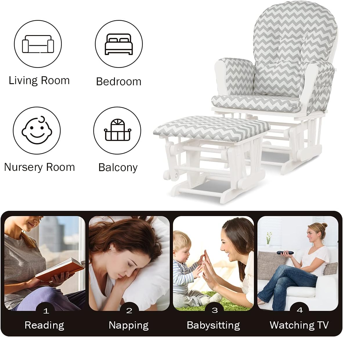 Costzon Nursery Glider with Ottoman, Upholstered Comfort Glider Rocker with Padded Cushion, Storage Pocket, Solid Wood Base, Rocking Chair Nursery for Breastfeeding, Napping (Gray and White)