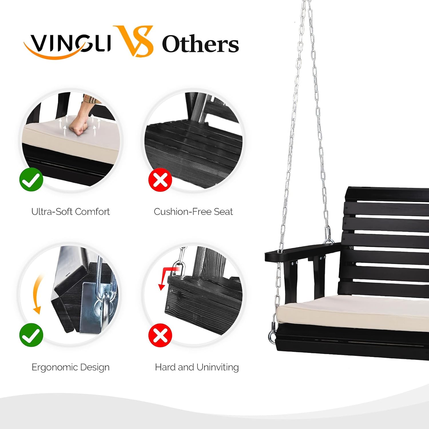VINGLI Outdoor 4 FT Porch Swing, Heavy Duty 880 LBS Wooden Patio Swings with Cushions, Farmhouse Style Hanging Bench with Adjustable Chains for Yard | Garden | Lawn | Balcony, Black