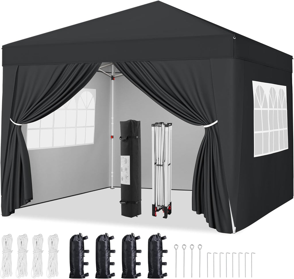 Yaheetech 10x10 Pop Up Canopy with 4 Removable Sidewalls, Portable Enclosed Instant Tent, Waterproof Outdoor Tent, Beach Sun Shelter with 4 Sandbags, 12 Stakes & 4 Ropes, Black