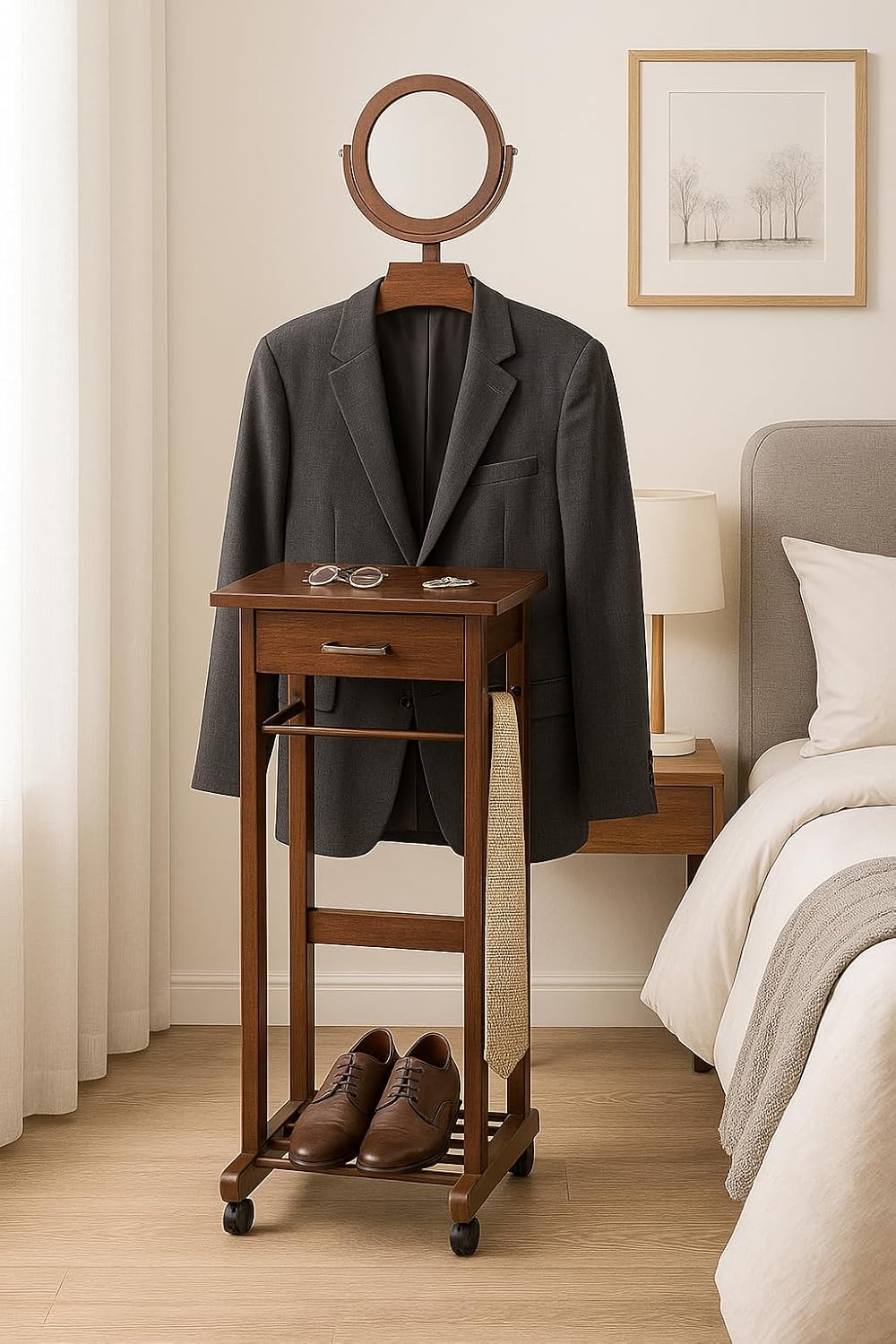 Ergode Mens Valet Stand – Clothes Valet, Suit Rack, Cloth Stand, Valet Chair & Jacket Display Organizer for Men's Clothing & Accessories (Walnut)