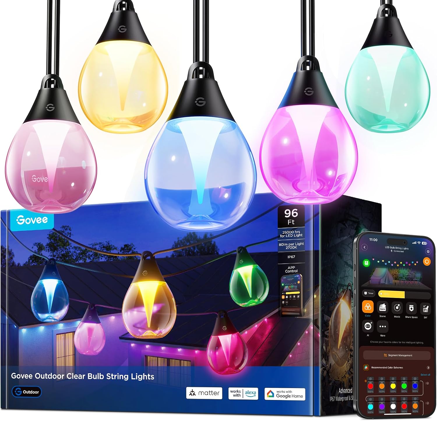 Govee Clear Bulb Outdoor String Lights, 96ft RGBWIC Dimmable Patio & Backyard Lights with 30 LED Bulbs, 111 Modes, IP67 Waterproof & Shatterproof, Works with Alexa, Google & Matter