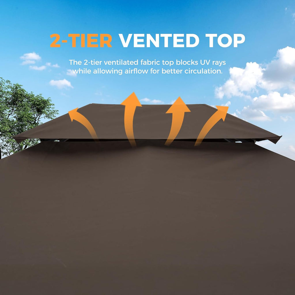HAPPATIO Patio Gazebo 10' X 12', Ventilated Double Roof & Mosquito Netting, Outdoor Gazebo with Metal Frame, Soft Top Canopy for Backyard, Deck, Poolside, Brown