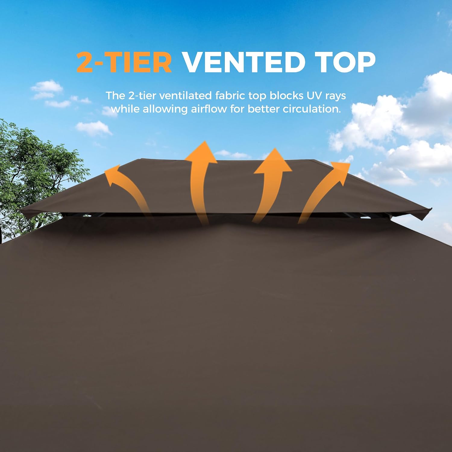 HAPPATIO Patio Gazebo 10' X 12', Ventilated Double Roof & Mosquito Netting, Outdoor Gazebo with Metal Frame, Soft Top Canopy for Backyard, Deck, Poolside, Brown