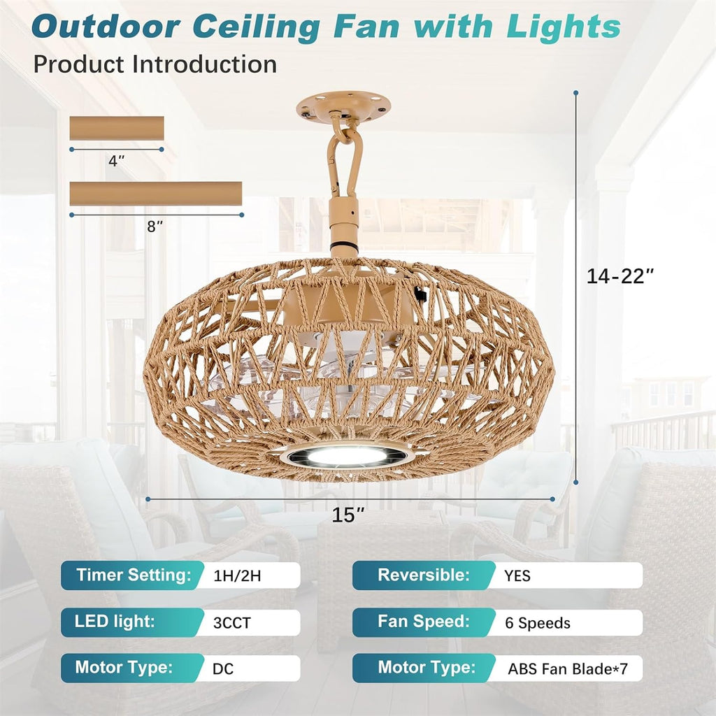 15'' Outdoor Gazebo Fan with Light, Outside/Indoor Hanging Rattan Ceiling Fan with Remote&APP Control, 3CCT Dimmable, 6-Speed DC Motor, Plug-in Wicker Woven Caged Ceiling Fans for Patio Pergola