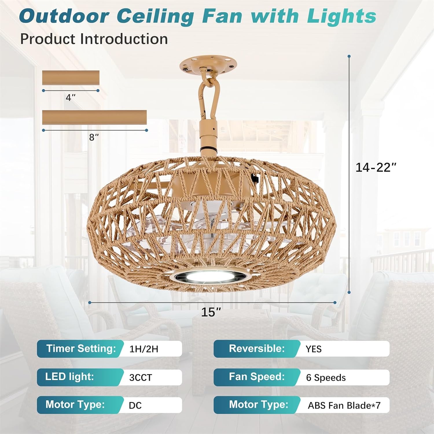 15'' Outdoor Gazebo Fan with Light, Outside/Indoor Hanging Rattan Ceiling Fan with Remote&APP Control, 3CCT Dimmable, 6-Speed DC Motor, Plug-in Wicker Woven Caged Ceiling Fans for Patio Pergola