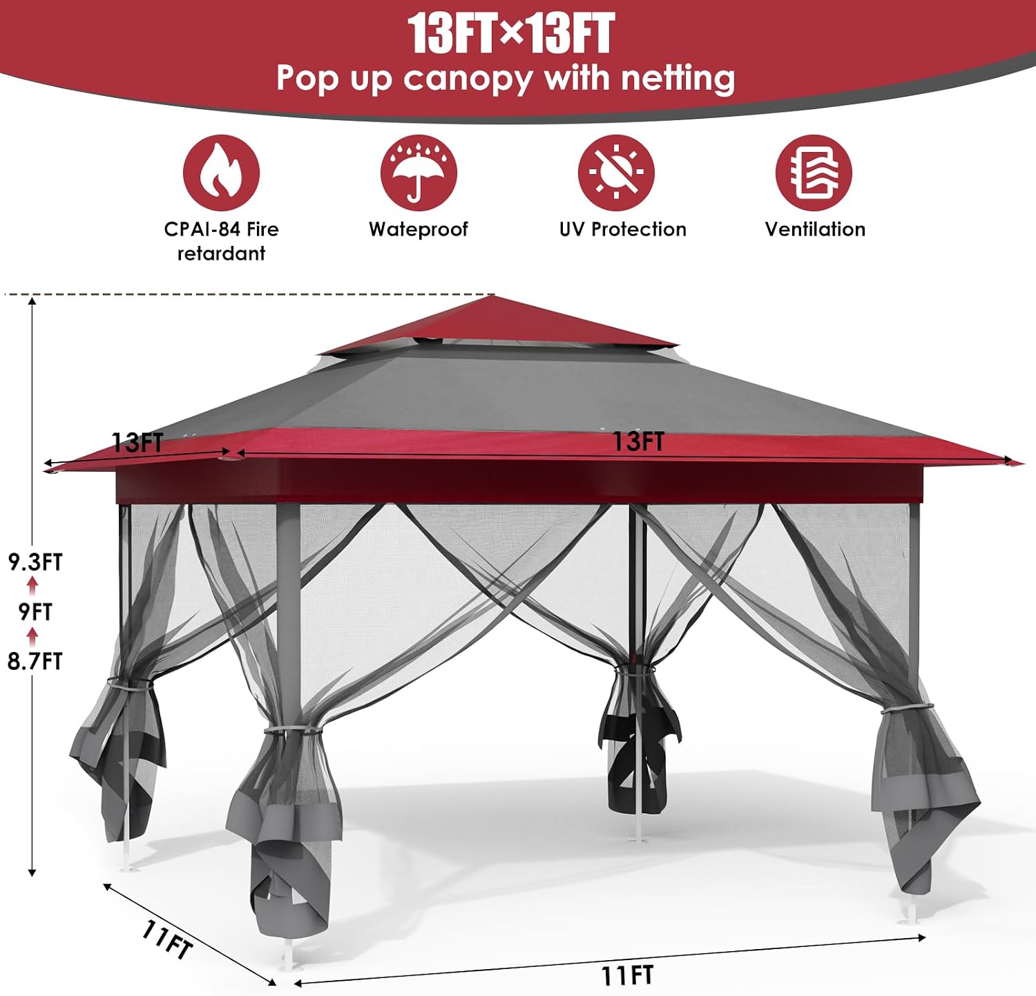 Arlopu Pop Up Gazebo Tent, Outdoor Instant Canopy, Easy Set-up Folding Shelter with Netting, Metal Frame, Screened House Shade Vented for Patio, Lawn, Party, Backyard, Garden (Burgundy, 13FT×13FT)