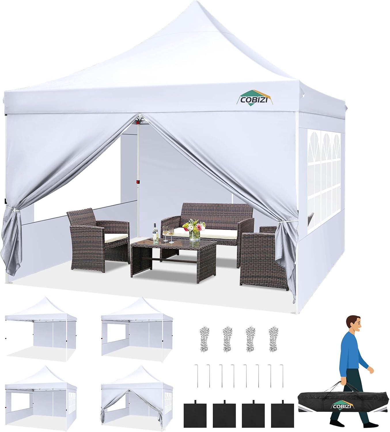 COBIZI Canopy 10x10 Pop Up Canopy Tent with 4 Sidewalls, Commercial Party Tent Ez Waterproof Outdoor Instant Gazebo UV 50+ Event Shelter, Garden Tents for Parties Camping with Sandbags, White