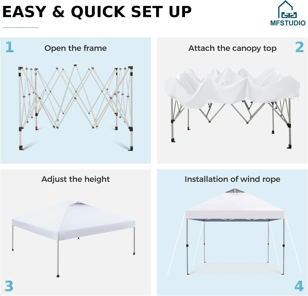 MFSTUDIO 10x10 Pop Up Canopy Tent, Gazebo Shelter Sun Shade Canopies Waterproof Patio Portable Popup Tents for Beach,Parties,Camping,100 Sq,White