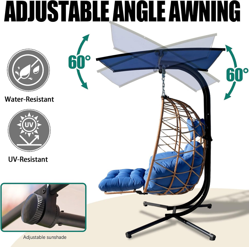 Double Egg Chair with Foldable Stand/Adjustable Canopy 2 Person Outdoor Hammock Swing Chair UV Resistant Removable Cushions for Outdoor Patio Balcony Garden (Blue)