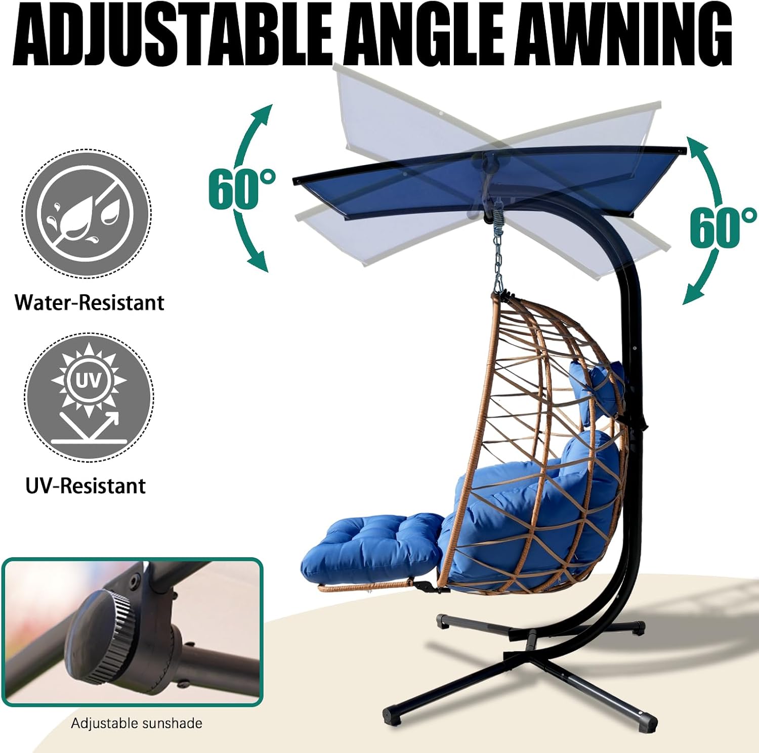 Double Egg Chair with Foldable Stand/Adjustable Canopy 2 Person Outdoor Hammock Swing Chair UV Resistant Removable Cushions for Outdoor Patio Balcony Garden (Blue)
