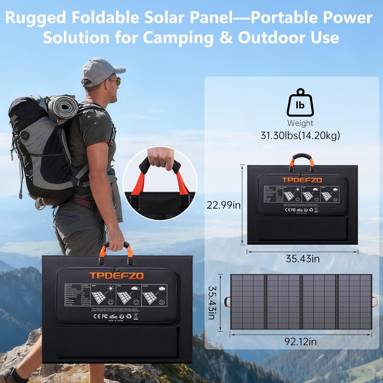 400W Portable Solar Panel for Power Station, 36V ETFE Foldable Solar Panel Charger,25% High Efficiency,MC4 Output, IP68 Waterproof, for Outdoor Camping, RV