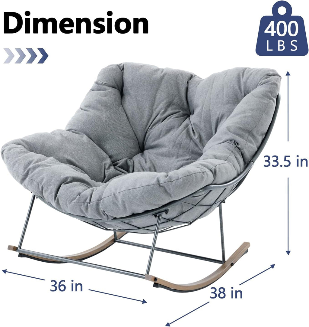 Outdoor Rocking Chair, 400 lbs Sturdy Frame with Thick Cushion,Patio Papasan Chair for Bedroom, Living Room, Porch, Garden(Grey)