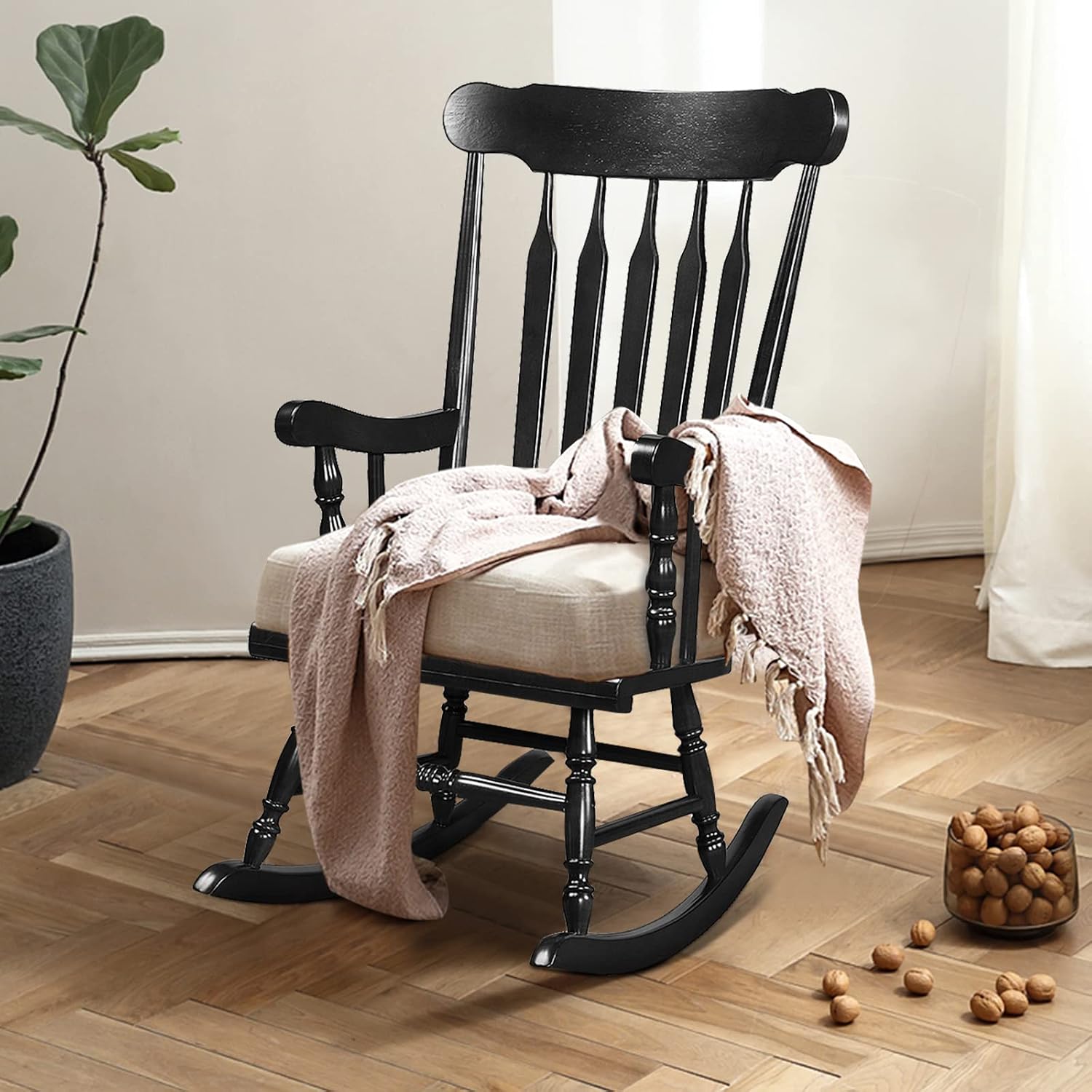 Giantex Outdoor Wood Rocking Chair - Patio Rocking Chair with Solid Rubber Wood Frame, Slat Back, Outside & Indoor Rocker for Garden, Poolside, Balcony, Backyard, Lawn, Front Porch Rocker, Black