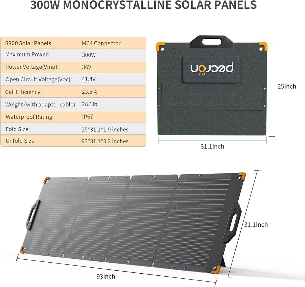 PECRON 300 Watt Solar Panel, Portable Solar Panel for Power Station, High Efficiency Panel Foldable, IP67 Waterproof Power Supply for Camping, RV, Outdoor, Off Grid System