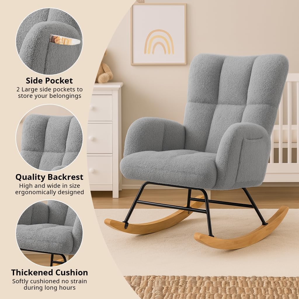 COMHOMA Nursery Rocking Chair, Teddy Upholstered Glider Rocking Chair with Side Pockets, Accent Chair with High Backrest Reading Chair for Adult, Nursery, Bedroom, Living Room,Offices(Grey)