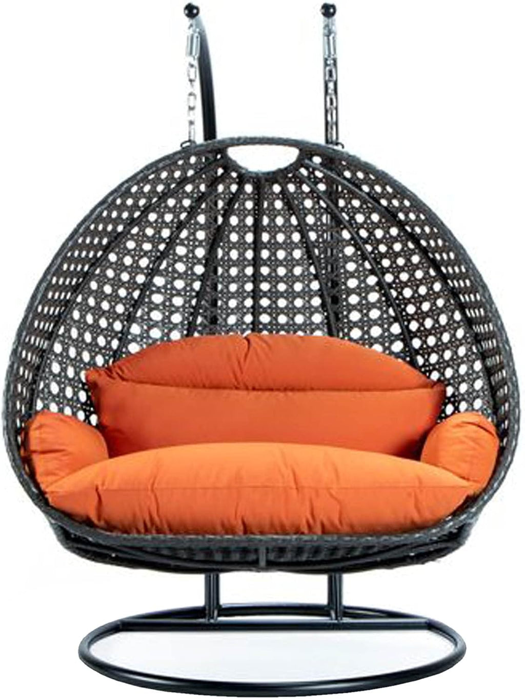 LeisureMod 2 Person Wicker Hanging Egg Chair, Indoor Outdoor Patio Swing with Black Stand & UV-Resistant Cushions, Lounge Chair for Bedroom & Garden, Orange