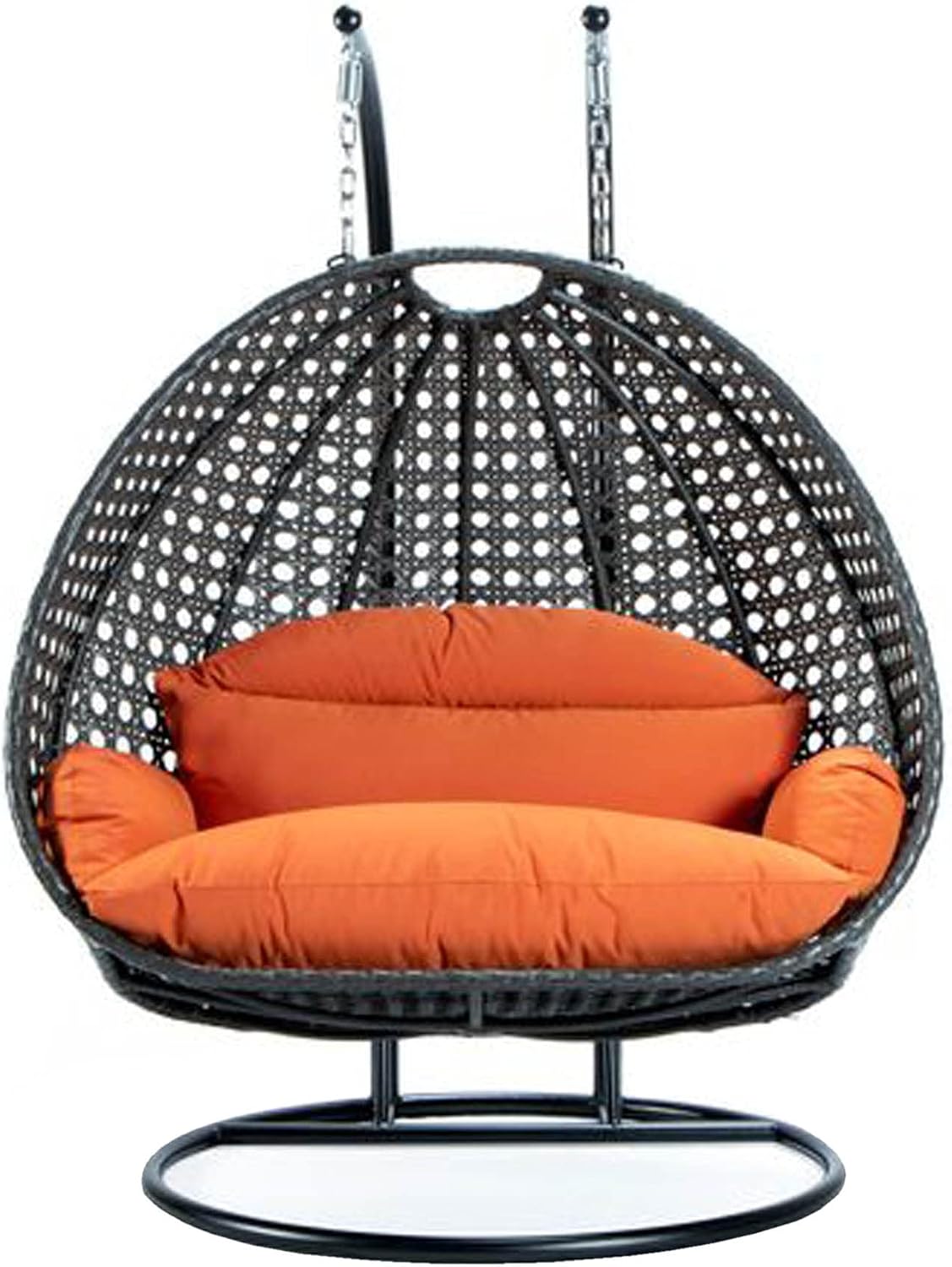 LeisureMod 2 Person Wicker Hanging Egg Chair, Indoor Outdoor Patio Swing with Black Stand & UV-Resistant Cushions, Lounge Chair for Bedroom & Garden, Orange