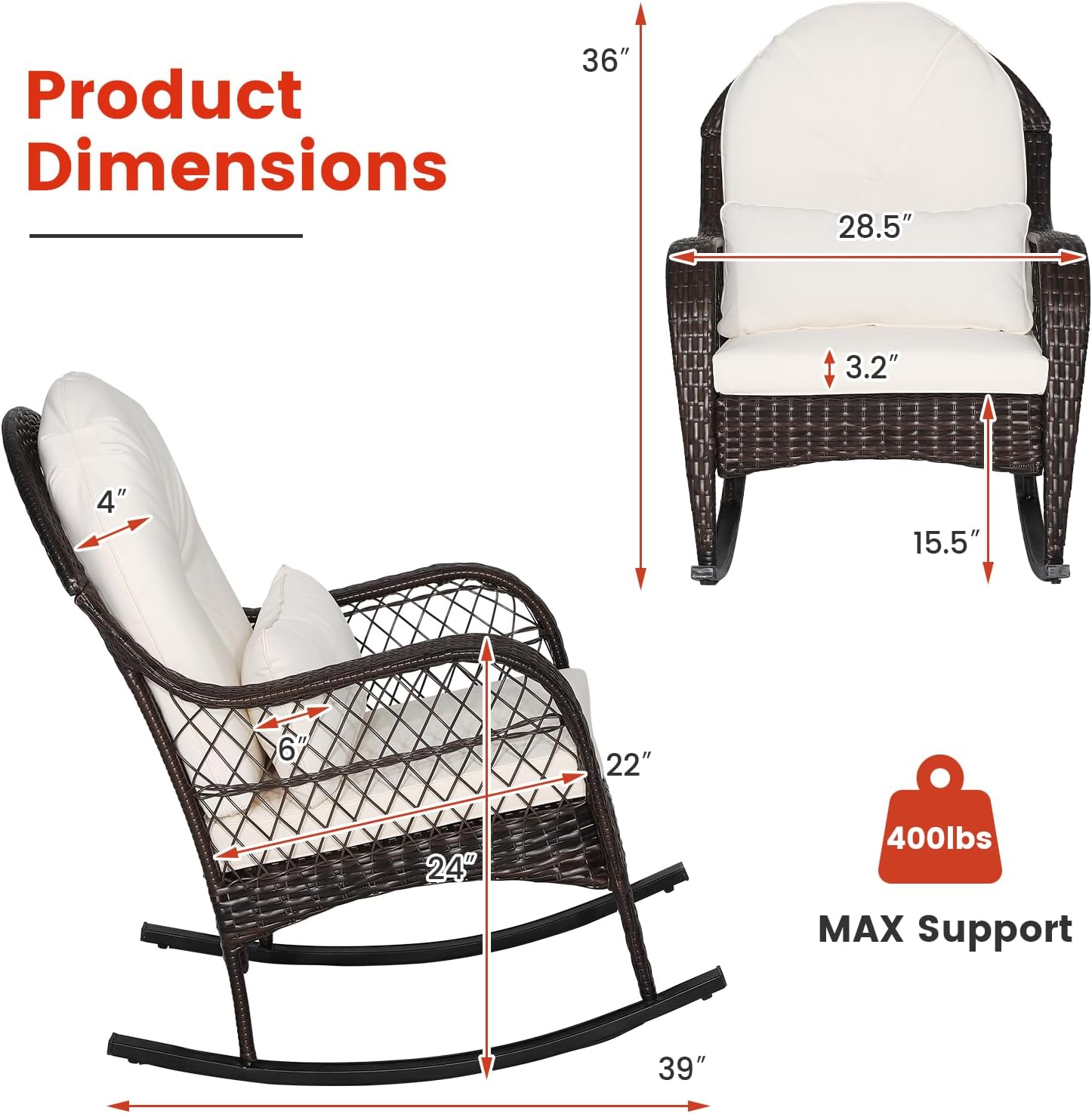 MEDIMALL Outdoor Wicker Rocking Chair, Patio Rattan Rocker w/Lumbar Pillow, Padded Seat & Back Cushions, Metal Frame, Mix Brown Wicker Furniture for Balcony, Porch, Deck, Backyard (Off White)