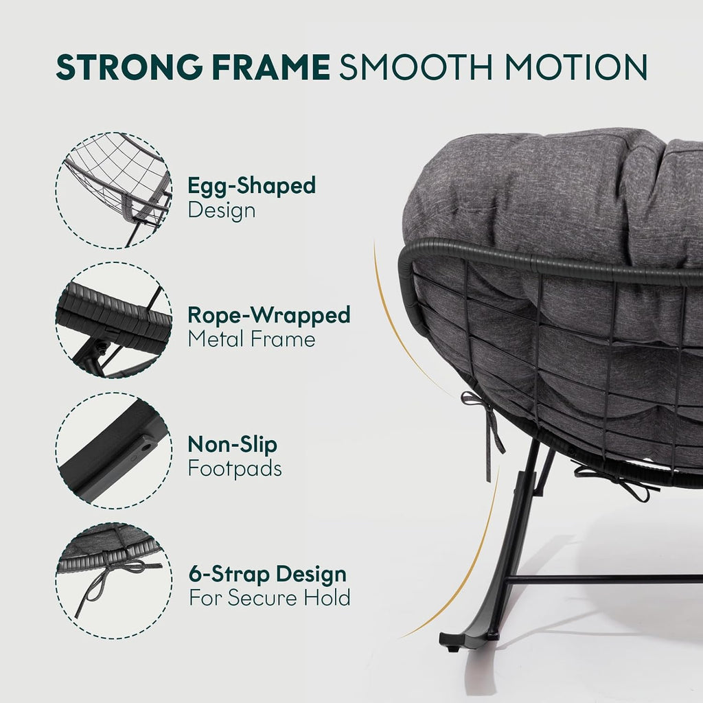 Bme Patio Rocking Chair Outdoor and Indoor, Modern Metal Lounge Rocker with Thick 7'' Cushion, 400lbs Capacity, Ergonomic Design, Easy Assembly, Grey Cushion - Black Matte Rocker