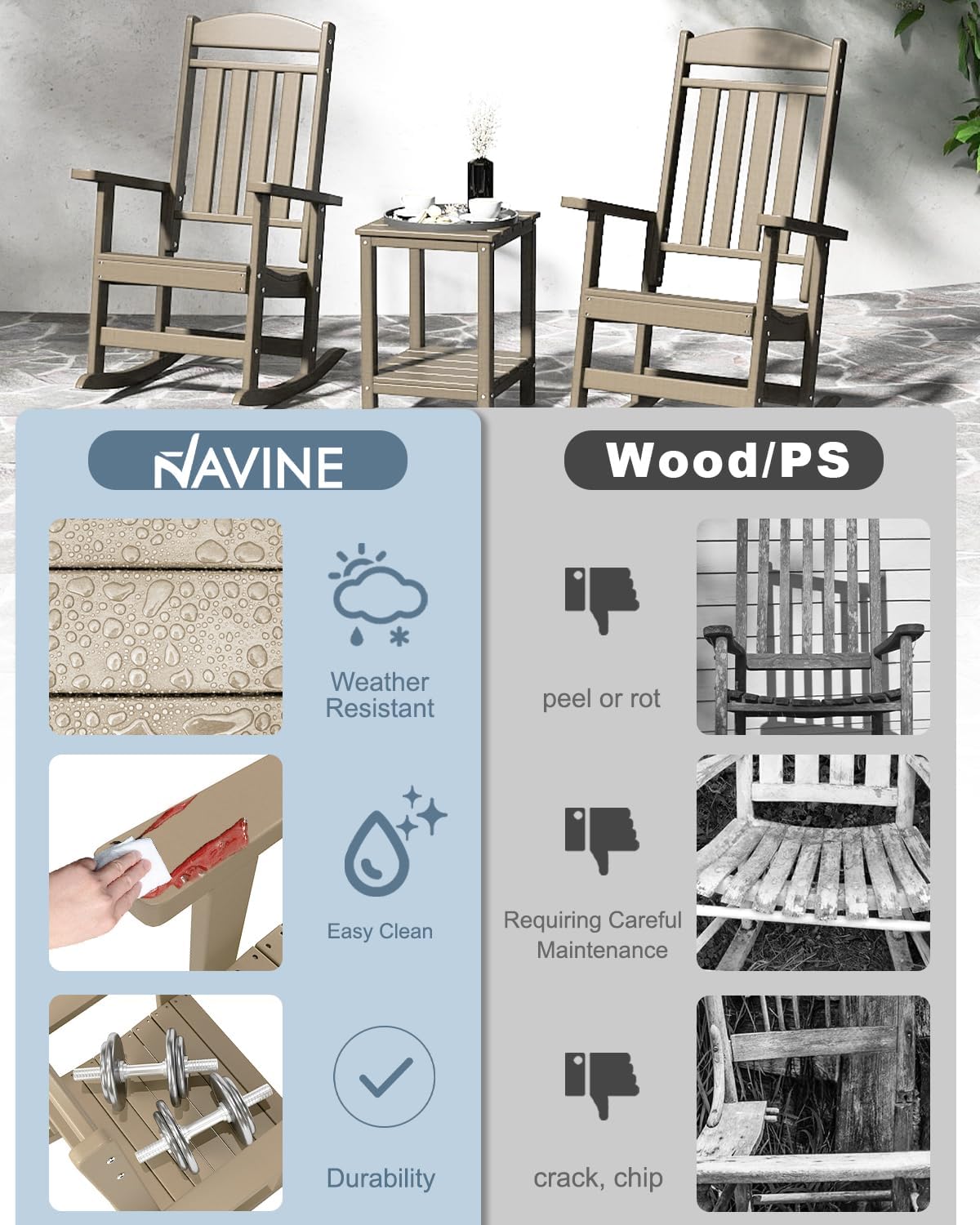 NAVINE Outdoor Rocking Chairs Set of 2, Oversized High Back Patio Rocking Chairs, All Weather Porch Rocking Chairs for Outside. Brown