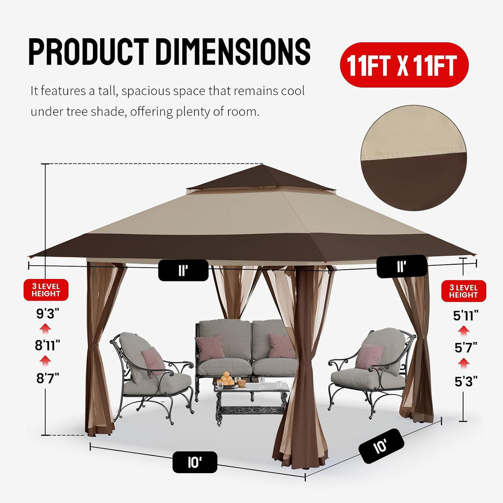 CROWN SHADES 11x11 Pop Up Gazebo, Patented One Push Outoor Canopy Tent with Wheeled STO-N-Go Cover Bag, Pop Up Canopy with Netting for Patio, Backyard (11x11, Beige & Coffee)