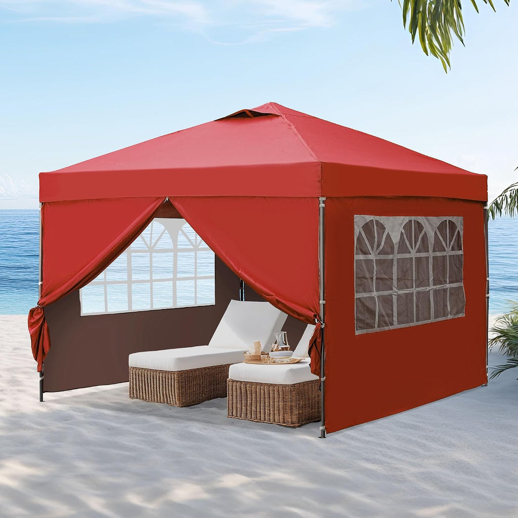 GDY 10x10 Easy Set Up Camping Canopy, Pop Up Tent with 4 Piece Sidewalls, Easy Up Canopy for Events, Parties, Gatherings, Camping, Red.