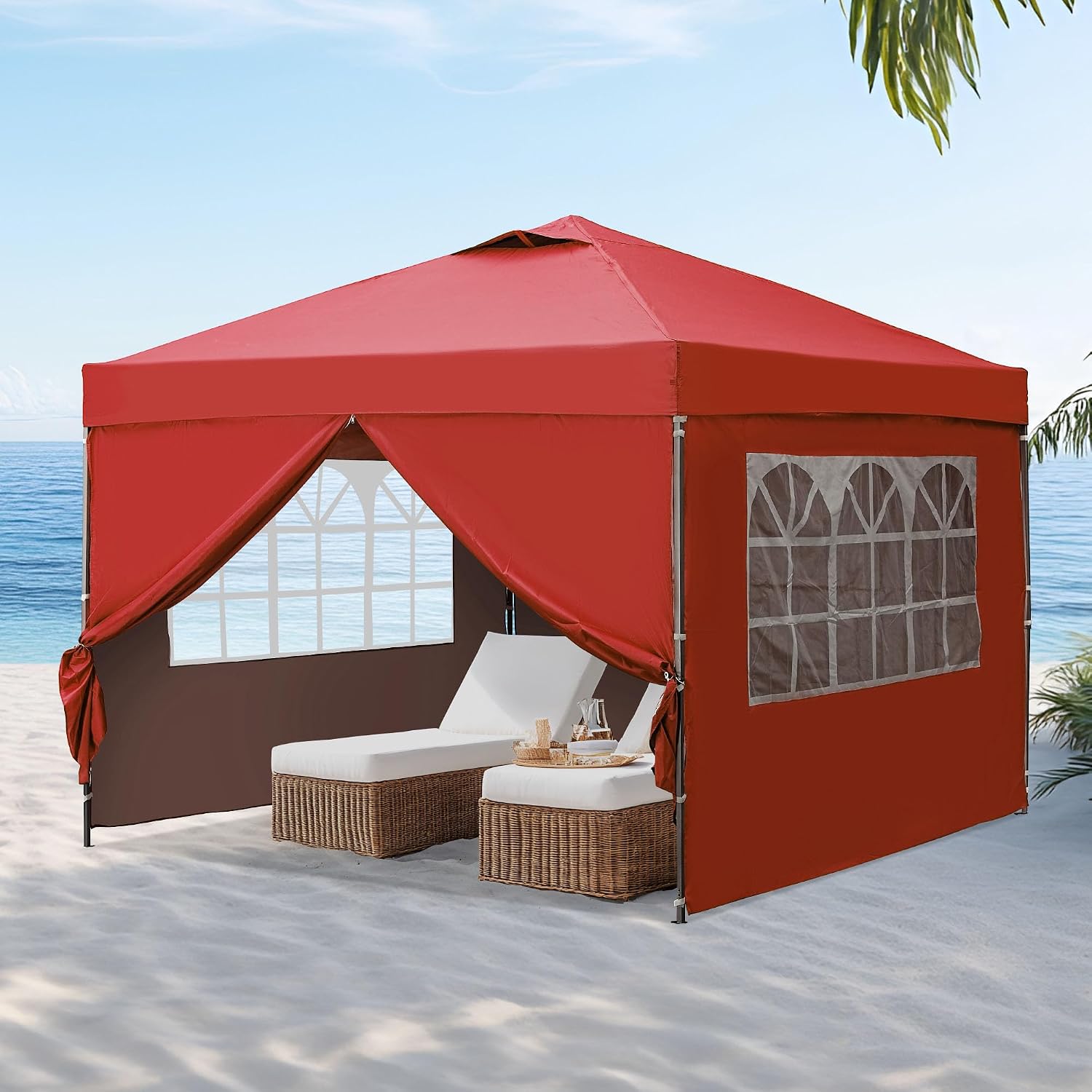 GDY 10x10 Easy Set Up Camping Canopy, Pop Up Tent with 4 Piece Sidewalls, Easy Up Canopy for Events, Parties, Gatherings, Camping, Red.