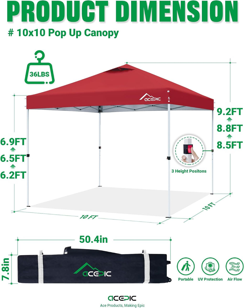 Acepic 10x10 Pop Up Canopy Tent,300D Silver-Coating Top,Pop Up Canopy Tent Instant Portable Shelter with 1-Button Push and Wheel Carry Bag, 8 Stakes and 4 Canopy Weights (Lava Red, 10x10)