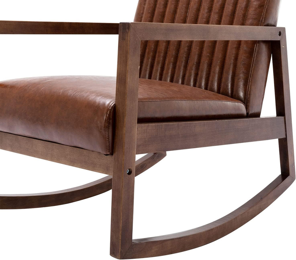 VESCASA Upholstered Rocking Chairs with Channel-Tufted Back, Mid-Century Modern Comfy Oil Wax PU Leather Rockers with Black Walnut Wood Frame for Nursery Living Bedroom Indoor, Set of 2, Brown