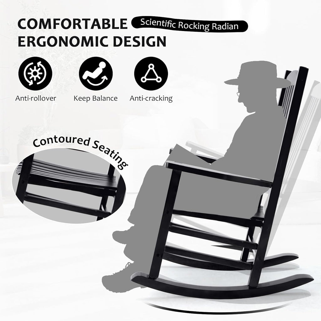 Hupmad Wooden Rocking Chair Outdoor Oversized Porch Rocker Chair,Patio Wooden Rocker with High Back and Armrest,All Weather Rocker Slatted for Backyard,Garden,400 lbs Support,Black