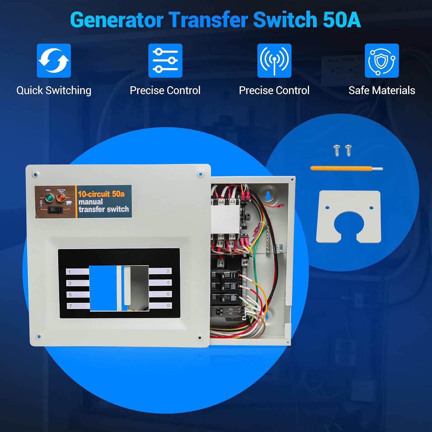 50 Amp Transfer Switch RV Replacement for Generac 9854 Pre-Wired, 10-Circuit 50A Manual Transfer Switch Compatible with Portable Generators