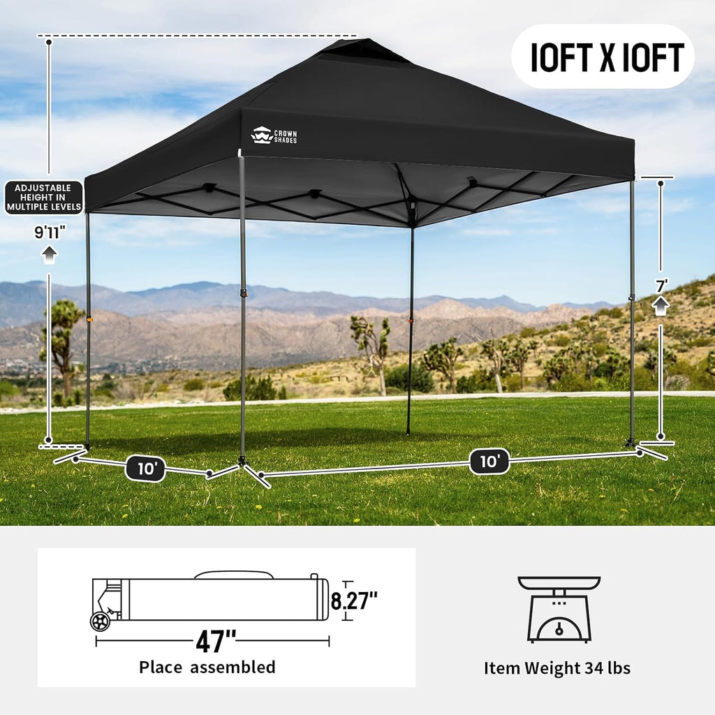 CROWN SHADES Adjustable Height on The Fly, 10x10 Pop Up Canopy - Beach Tent with One Push Setup - Easy Outdoor Sun Shade for Events, Parties, Camping - Outside Shade with STO-N-Go Bag, Black