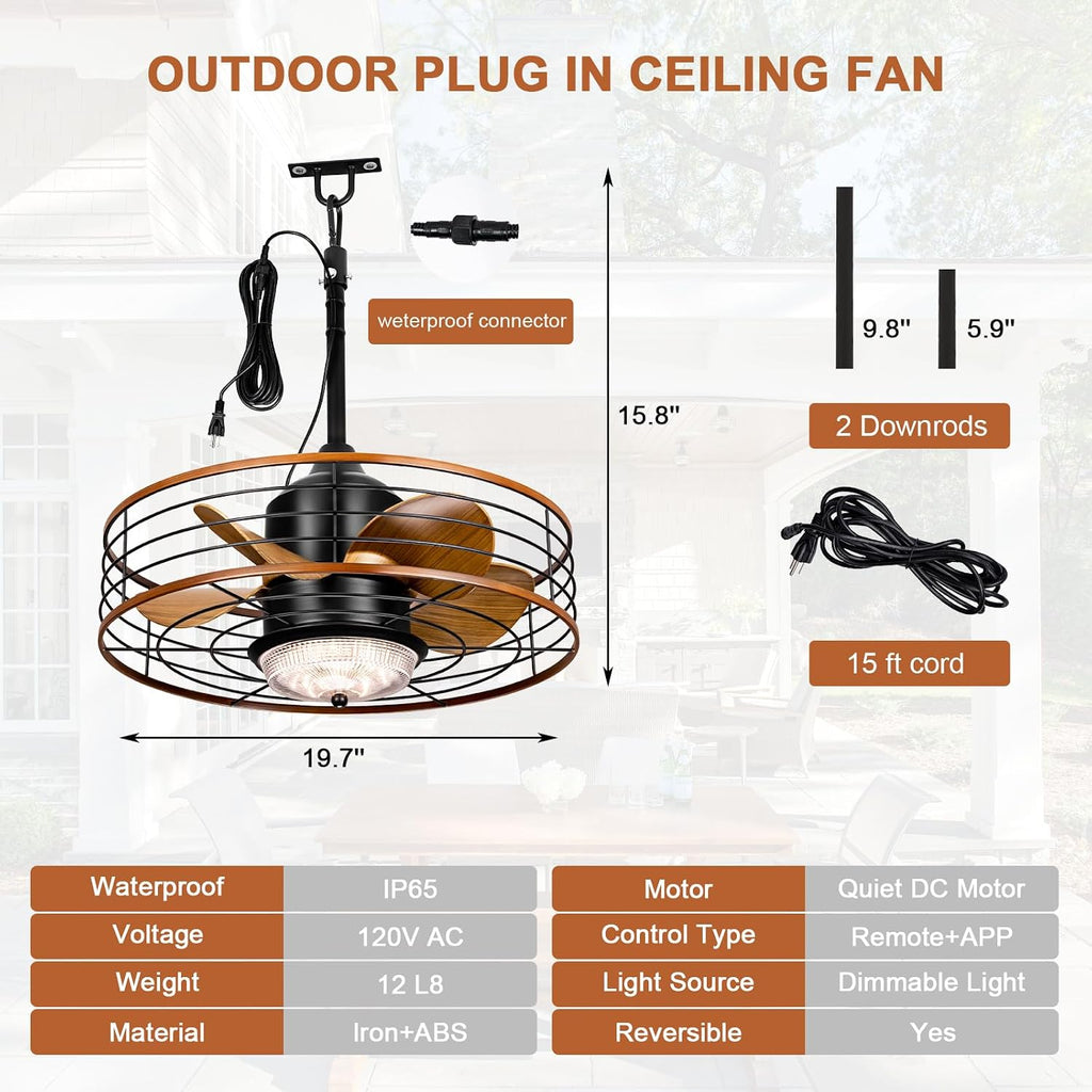 20' Outdoor Ceiling Fan with Light for Patios Waterproof Caged Gazebo Fans Outdoor Hanging Lighting with Plug-in Cord, Dimmable LED, Remote APP Control, 6 Speeds for Pergola Porch Gazebo (Brown)
