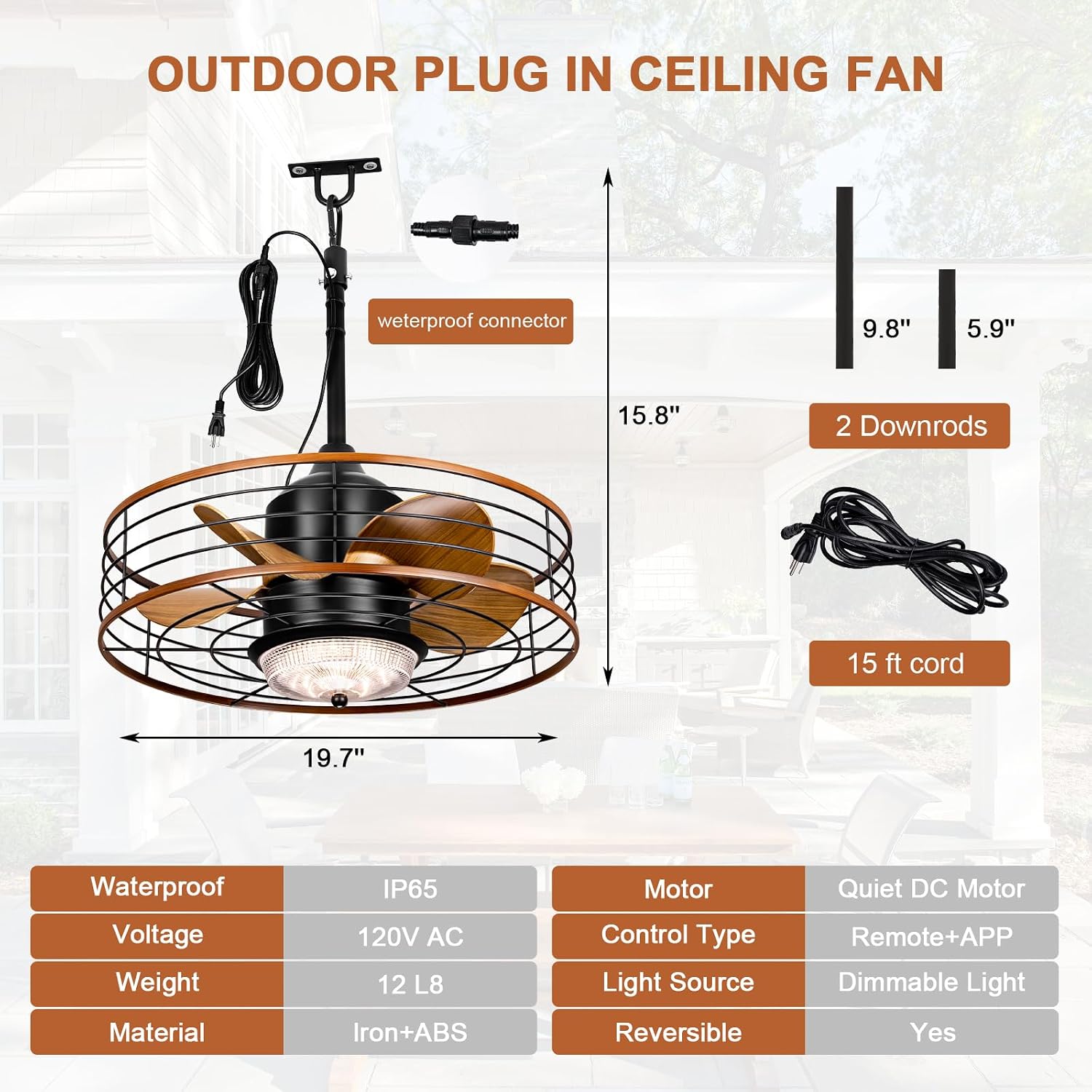 20' Outdoor Ceiling Fan with Light for Patios Waterproof Caged Gazebo Fans Outdoor Hanging Lighting with Plug-in Cord, Dimmable LED, Remote APP Control, 6 Speeds for Pergola Porch Gazebo (Brown)