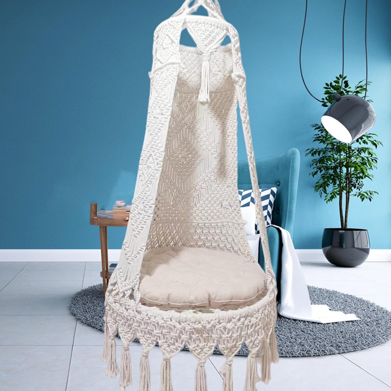 Hanging Swing Chair Indoor Adult Swing for Bedroom, White Cotton Bedroom Swing, Hanging Chair Rocking Swing Chair for Living Room, Garden, Balcony(100cm(39.37in))