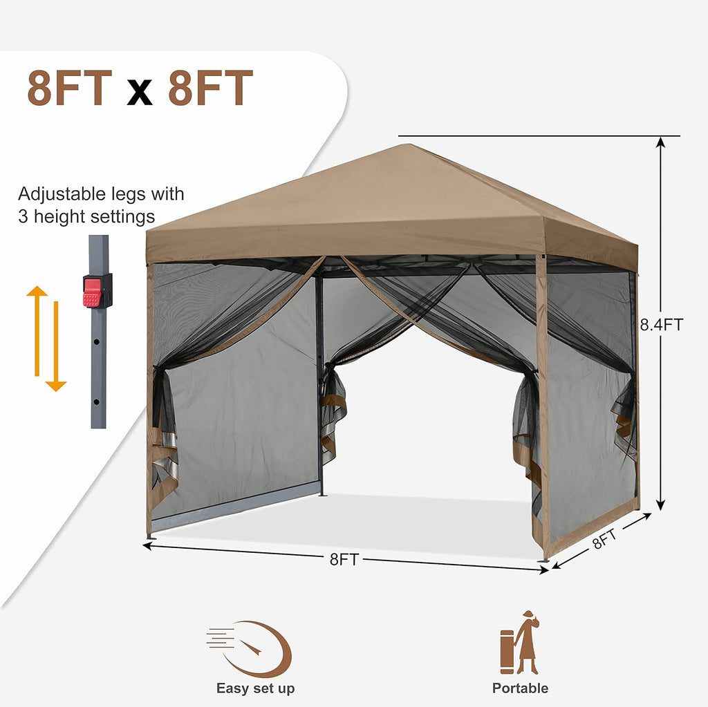 MASTERCANOPY Pop-Up Setup Outdoor Canopy with Netting Screen Walls(8x8, Khaki)